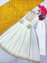 New Party Wear Anarkali With Embroidery work And Mustard Shade Dupatta