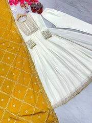 New Party Wear Anarkali With Embroidery work And Mustard Shade Dupatta