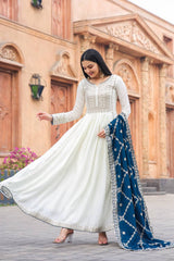 New Party Wear Anarkali With Embroidery work And Teal Blue Shade Dupatta