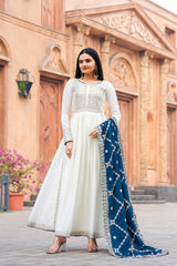 New Party Wear Anarkali With Embroidery work And Teal Blue Shade Dupatta