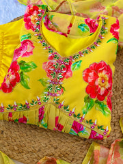 Yellow Flower Printed Handmade Work Georgette anarkali