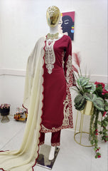 Rajab Red Maska Cotton Kurti pant and Dupatta Set