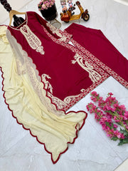 Rajab Red Maska Cotton Kurti pant and Dupatta Set