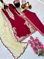 Rajab Red Maska Cotton Kurti pant and Dupatta Set