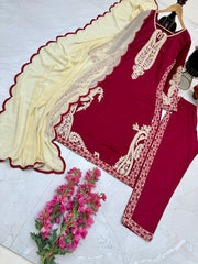 Rajab Red Maska Cotton Kurti pant and Dupatta Set