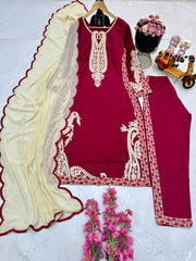 Rajab Red Maska Cotton Kurti pant and Dupatta Set