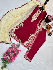 Rajab Red Maska Cotton Kurti pant and Dupatta Set