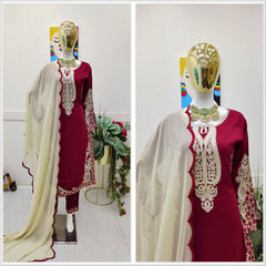 Rajab Red Maska Cotton Kurti pant and Dupatta Set