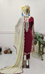 Rajab Red Maska Cotton Kurti pant and Dupatta Set