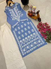 Aanya Rayon Cotton Chikankari Worked Kurti Palazzo Set