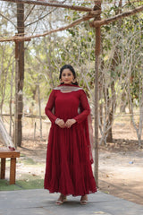 Desirable Five Layer Flair Red Anarkali With Heavy Sequence Work Dupatta