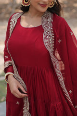 Desirable Five Layer Flair Red Anarkali With Heavy Sequence Work Dupatta