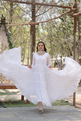 Desirable Five Layer Flair White Anarkali With Heavy Sequence Work Dupatta