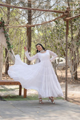 Desirable Five Layer Flair White Anarkali With Heavy Sequence Work Dupatta