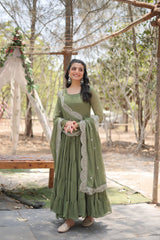 Desirable Five Layer Flair Pista Green Anarkali With Heavy Sequence Work Dupatta