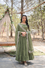 Desirable Five Layer Flair Pista Green Anarkali With Heavy Sequence Work Dupatta