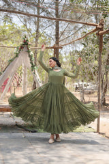 Desirable Five Layer Flair Pista Green Anarkali With Heavy Sequence Work Dupatta